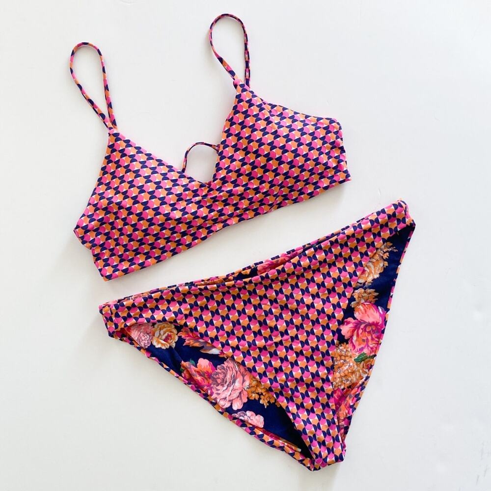 Maaji Pink and Navy Geometric Floral Bikini Set